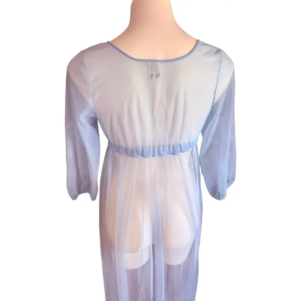 Movie Star Vintage 1970s Sheer Peignoir Robe Baby Blue Lace Floral Appliqué Sz S